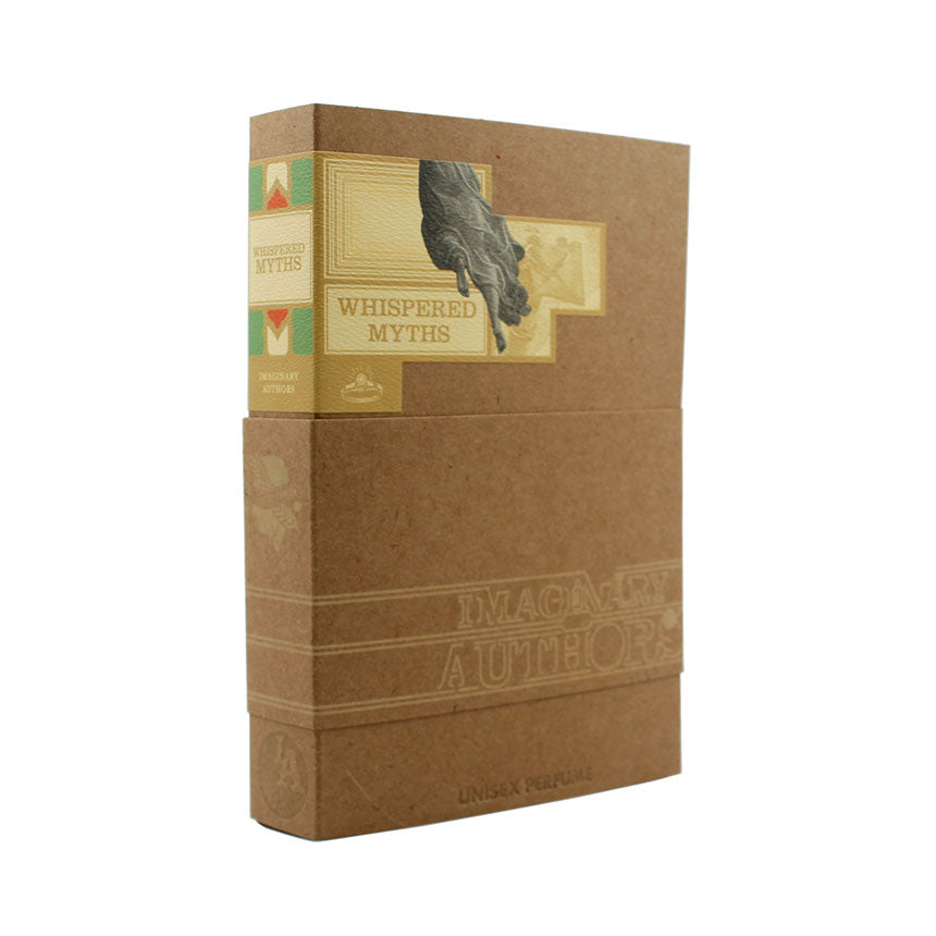 A boxed bottle of unisex perfume called "Whispered Myths" by Imaginary Authors, infused with hints of Natural Cambodian Oud, packaged in a minimalist brown paper design with a side label.
