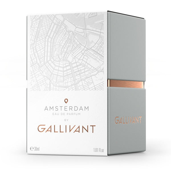 Packaging of Amsterdam by Gallivant from Gallivant Perfumes with a minimalist design and a city map on the box. Bottle beside the box showcases the brand name in matching typography. This black tulip perfume, with its 30 ml volume, embodies an enchanting woody ambery fragrance.