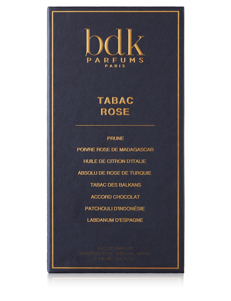 A dark blue box labeled "BDK Parfums" and "Tabac Rose" holds the opulent blend of notes, including plum, pink pepper, lemon oil, Turkish rose, tobacco, chocolate, patchouli, and labdanum.