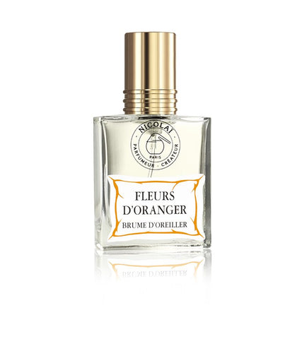 Nicolai orange blossom linen spray bottle with gold cap and square clear glass