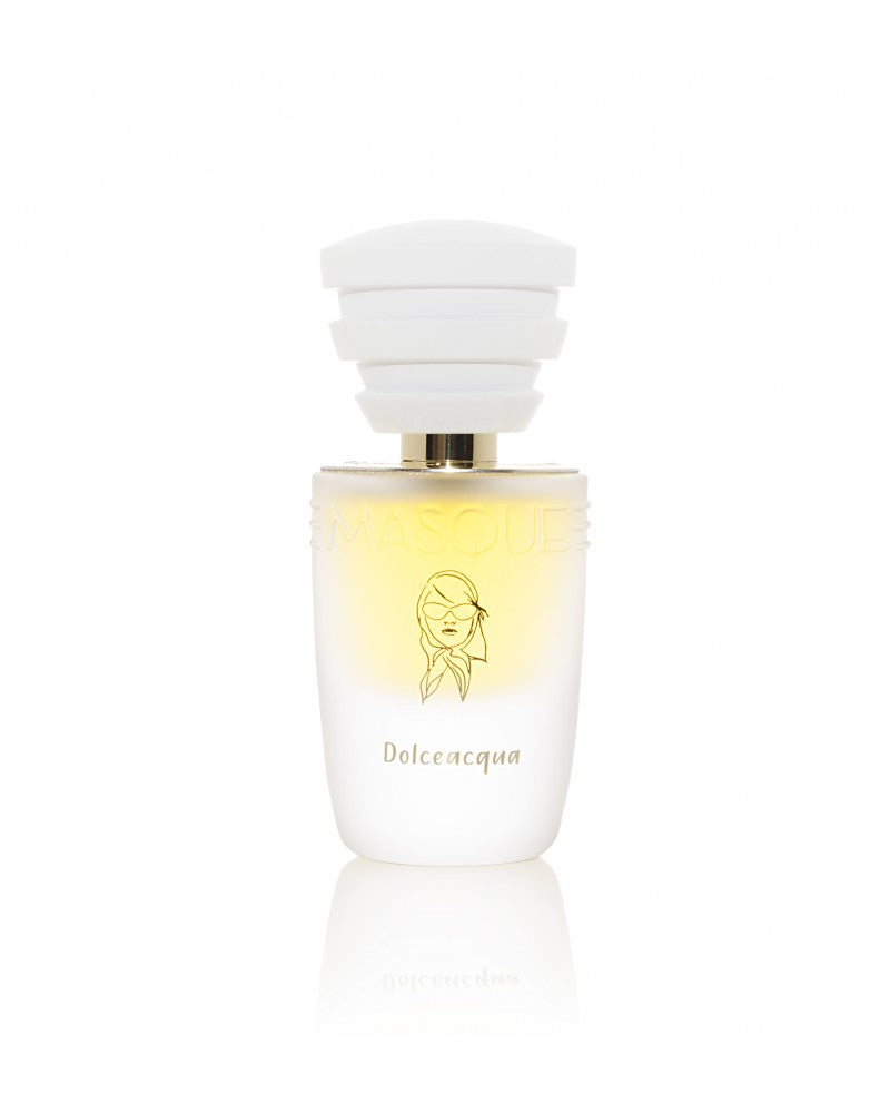 A 100ml bottle of Masque Milano's Dolceacqua perfume, adorned with a white cap and gold lettering. This hand-numbered limited edition features a minimalist illustration of a woman on the front, epitomizing the essence of Cote d'Azur flavors.