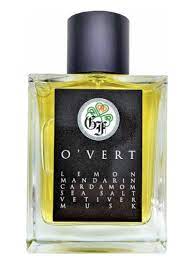 Clear glass bottle of yellow liquid perfume labeled "O'Vert" with a black cap from Gallagher Fragrances. The label lists ingredients: lemon, green mandarin, cardamom, sea salt, vetiver, and musk.