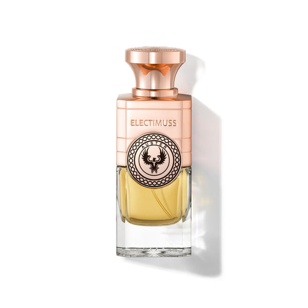 A rectangular perfume bottle labeled "Auster" by Electimuss with a gold cap and an emblem featuring a black design containing a phoenix. The bottle contains yellow liquid with an aromatic citrus note that complements the overall fragrance.
