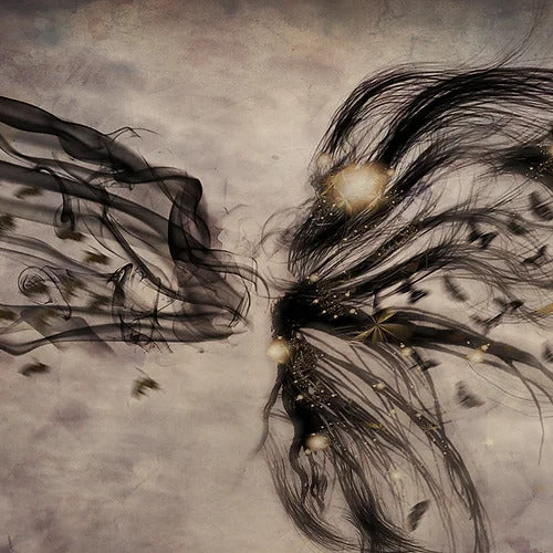 Abstract artwork featuring swirling black ribbons and splatters of gold against a muted background. The composition suggests motion and ethereal beauty, reminiscent of Ikiryo's "Bees And Butterflies," where bees and butterflies dance in harmony.