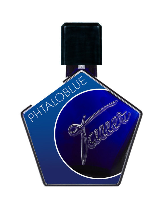 A blue, pentagonal perfume bottle named "Phtaloblue" by Tauer Perfumes features a signature design on the front. It comes with a black cap and belongs to the aquatic genre, boasting invigorating citrus and herbaceous notes.