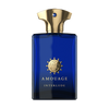 A blue rectangular bottle of Amouage Interlude Man perfume with a gold cap and logo on the front, capturing the essence of interlude harmony with its spicy fragrance.