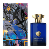 A blue bottle of Amouage's Interlude Man perfume, known for its spicy fragrance, is displayed next to its colorful, abstractly designed box.