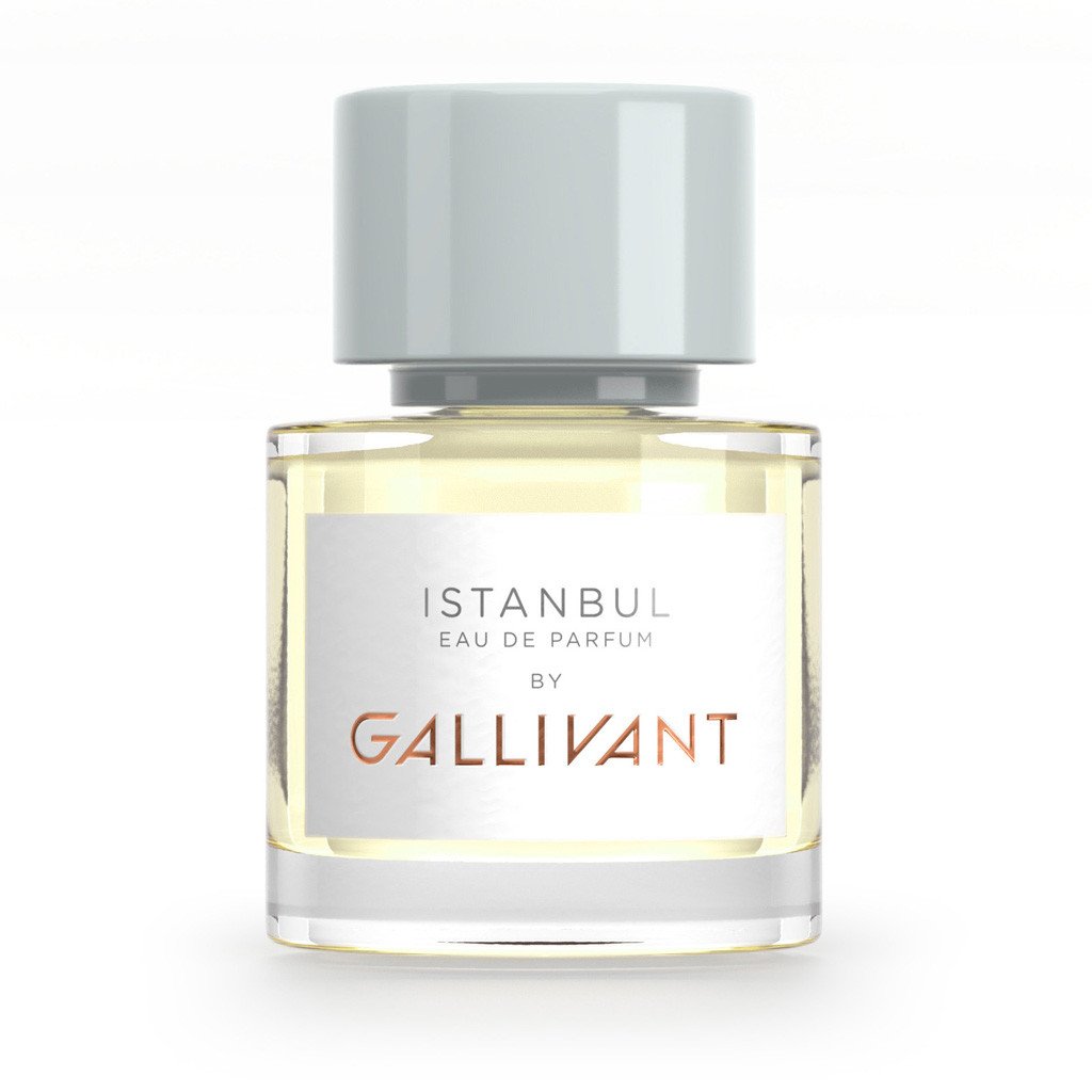 A clear bottle of eau de parfum named "Istanbul by Gallivant" from Gallivant Perfumes, adorned with a cylindrical light gray cap and containing a light amber liquid. This fragrance encapsulates the spirit of the ancient city with notes of bergamot.