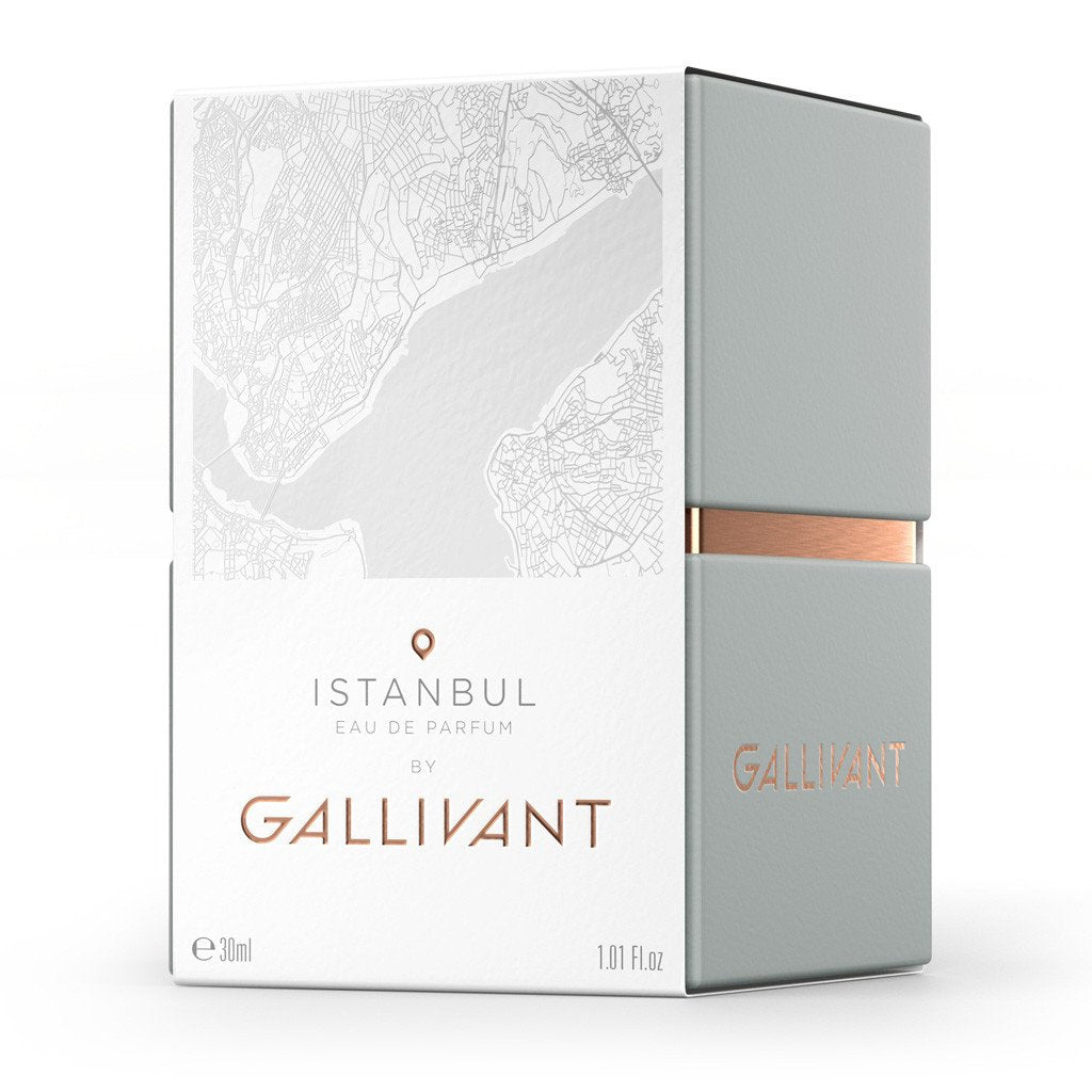 A 30ml bottle of Istanbul by Gallivant features a map design on the packaging. The text reads "ISTANBUL EAU DE PARFUM BY GALLIVANT PERFUMES," capturing the essence of the ancient city with notes of bergamot.
