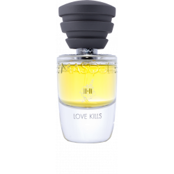 A bottle of "Love Kills" perfume from Masque Milano, featuring a black cap and yellow liquid infused with rose oil. The label reads "MASQUE MILANO" and "Love Kills," evoking a melancholic memory.