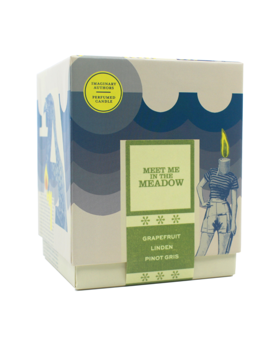A scented candle box labeled "Meet Me in the Meadow" from Imaginary Authors features fragrances of grapefruit, linden, and pinot gris. The design includes abstract illustrations and a yellow sticker reading "Imaginary Authors Perfumed Candle." This soy blend candle from Imaginary Authors offers a 60-hour burn time.