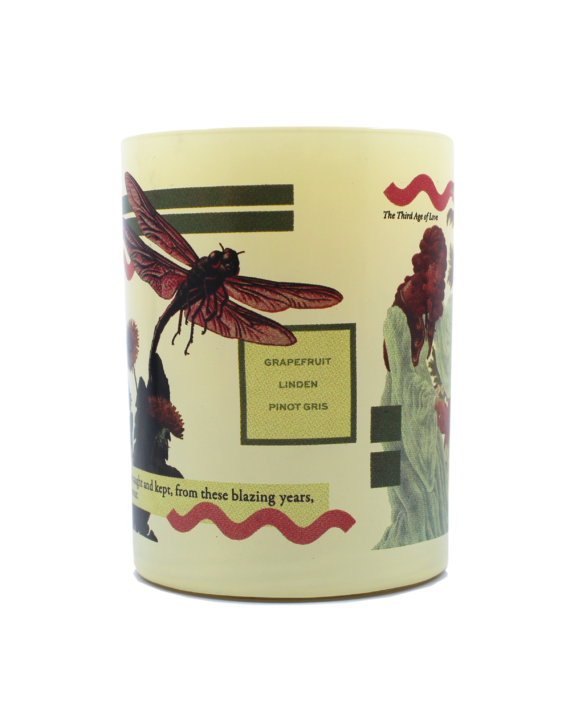 The Imaginary Authors "Meet Me In The Meadow" decorative candle, adorned with graphics of a dragonfly and a person, features the scent notes "Grapefruit, Linden, Pinot Gris." It is crafted from a soy blend and offers a 60-hour burn time for lasting enjoyment.