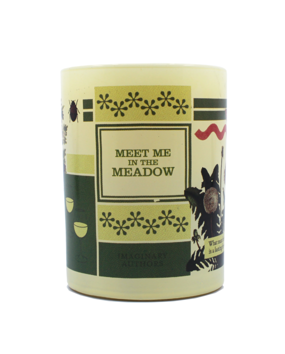 Introducing the "Meet Me In The Meadow" candle by Imaginary Authors: a cream-colored soy blend with a burn time of 60 hours, adorned with abstract figures, glasses, and green accents.