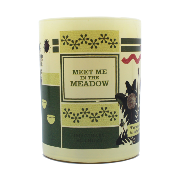 Introducing the "Meet Me In The Meadow" candle by Imaginary Authors: a cream-colored soy blend with a burn time of 60 hours, adorned with abstract figures, glasses, and green accents.
