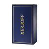 A navy blue box with gold trim and the brand name "Xerjoff" written vertically in gold letters, hinting at the exquisite fragrance "More Than Words," infused with oriental woods.