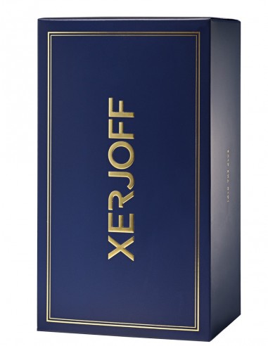 A navy blue box with gold trim and the brand name "Xerjoff" written vertically in gold letters, hinting at the exquisite fragrance "More Than Words," infused with oriental woods.