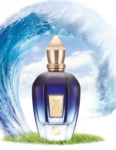 Image of a More Than Words perfume bottle by Xerjoff, housed in a blue design with a golden cap. It's set against an artistic backdrop of large waves and rests on a patch of green grass, evoking hints of oriental woods.