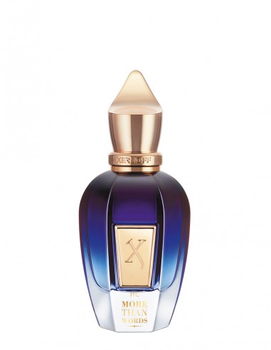 A blue and gold perfume bottle from Xerjoff, labeled "More Than Words," exudes an enchanting fragrance with hints of oriental woods.