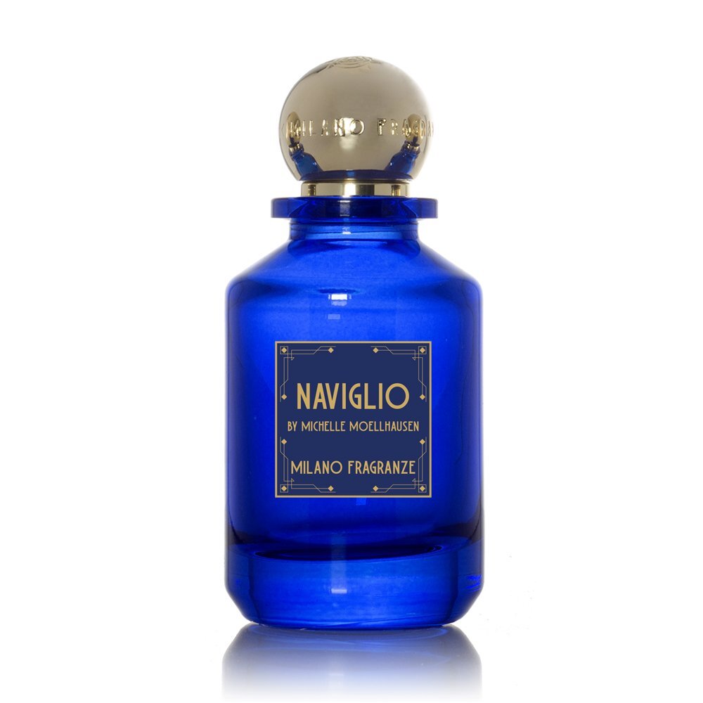 A blue glass bottle of Naviglio Eau de Parfum by Milano Fragranze, infused with aquatic notes and topped with a round gold cap.