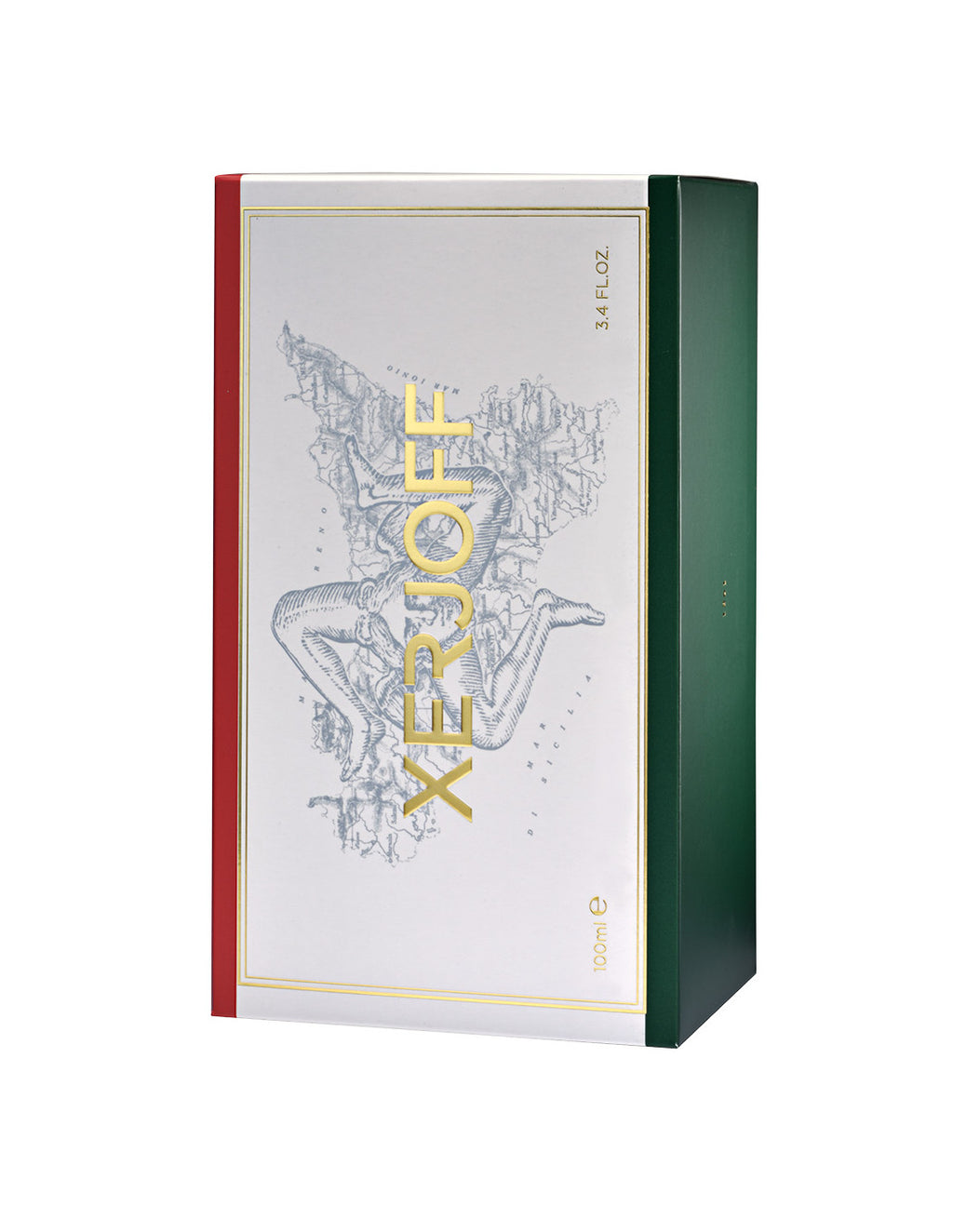 A box of Naxos by Xerjoff perfume, adorned with a front illustration framed in red, white, and green hues evocative of Mediterranean landscapes. The 3.4 fl. oz bottle captures the lively essence of Sicily's citruses.