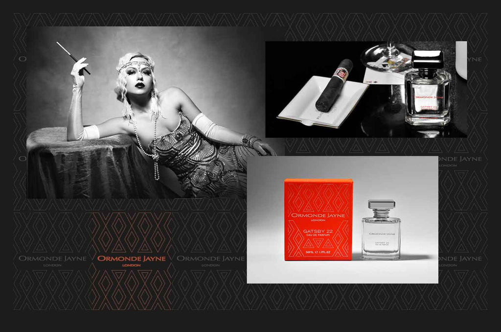 A collage showcasing a woman in 1920s attire, a cigar with accessories, and the packaging and perfume bottle of Ormonde Jayne's Gatsby 22. The background is adorned with Ormonde Jayne London logos, complemented by elements of Sicilian lemon and vetiver.