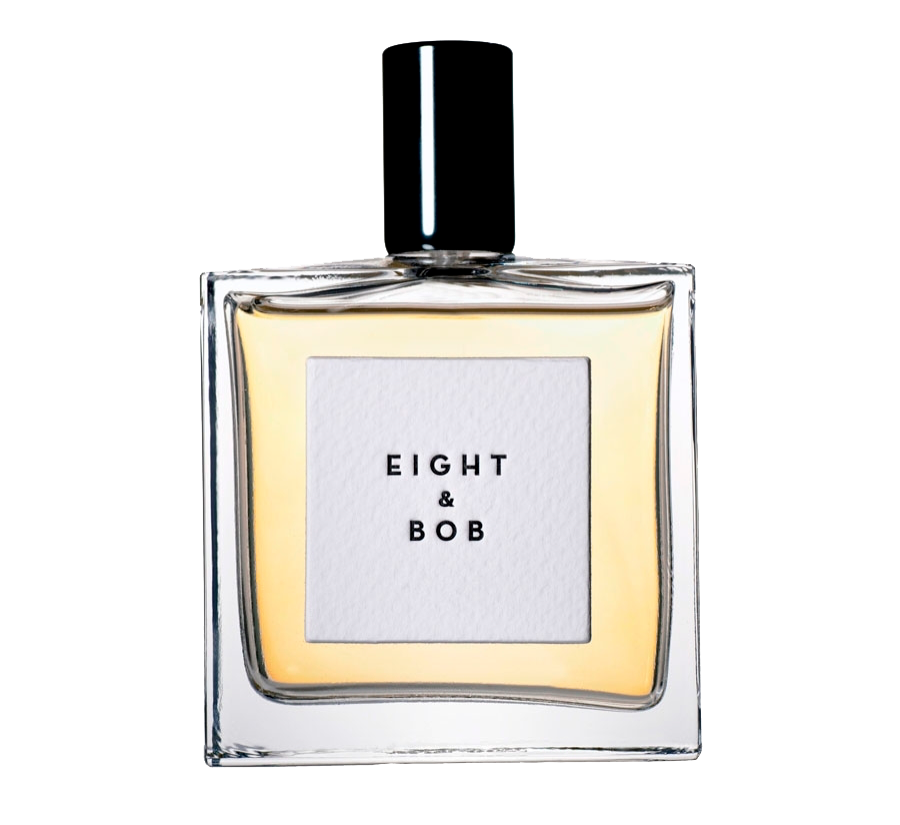 A square bottle of Eight & Bob Eight & Bob with a black cap and clear liquid, displaying the brand name in black text on a white label.