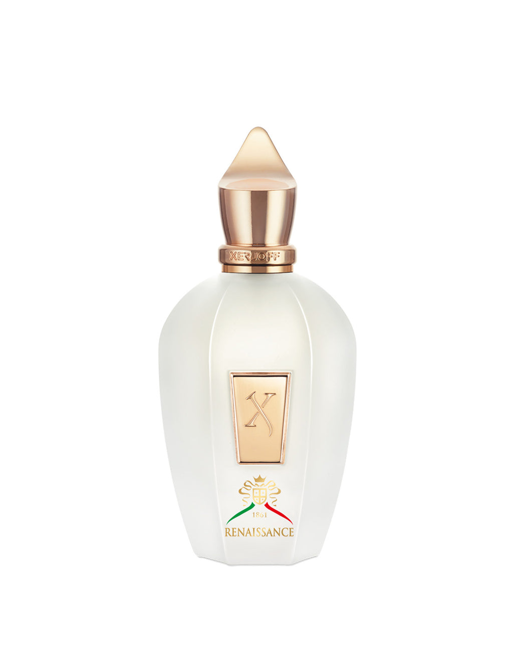 A white perfume bottle with a golden cap and emblem, labeled "Renaissance" at the bottom with colorful graphics, hints subtly at Italian citrus and Calabrian bergamot from Xerjoff.