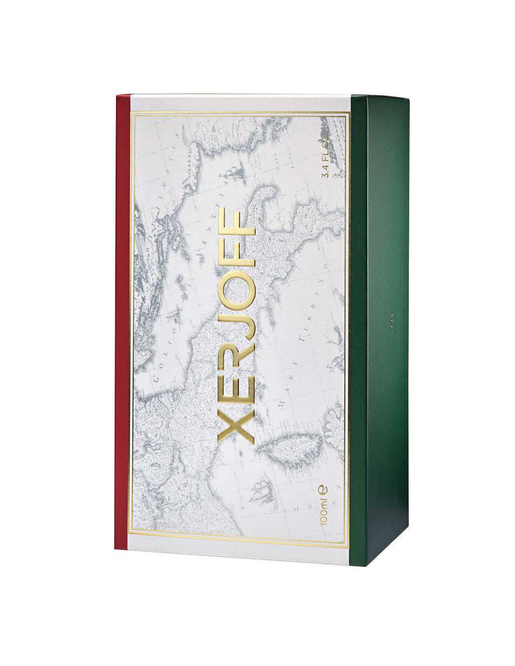 A box of Xerjoff Renaissance perfume with a design featuring a world map, gold text, and red, white, and green colors on the sides—an elegant nod to its Italian citrus notes of Calabrian bergamot.