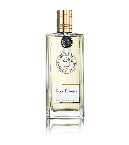 Rose Pivoine eau de toilette spray bottle with gold cap and clear glass, front label