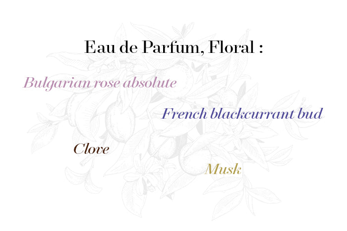 Rose Trocadéro Eau de Parfum by Le Jardin Retrouvé, Floral: Bulgarian rose absolute, French blackcurrant bud, clove, musk. Botanical illustrations in the background.