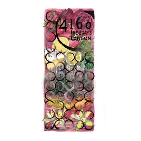 Tall perfume bottle with colorful circular pattern wrap and black neck