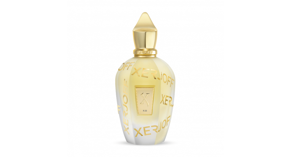 An exclusive luxury perfume bottle, featuring a gold cap and gold lettering reading "Xerjoff" on a gradient white and yellow body, part of the Sketchbook Collection, exudes an aura of floral and fruity elegance. This exquisite creation is named Sketchbook P. 33 by Xerjoff.