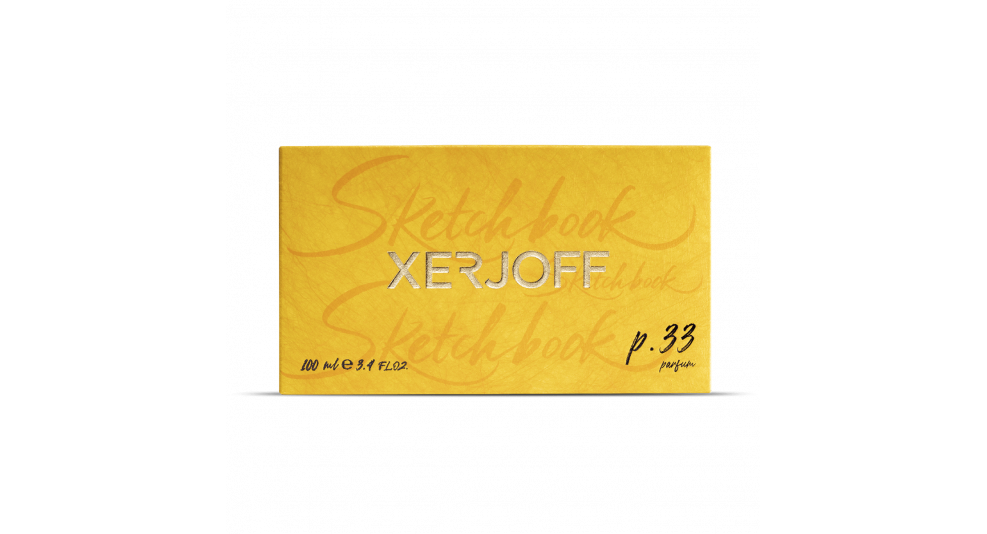 A yellow rectangular box labeled "Sketchbook P. 33" by Xerjoff in silver text, with additional details indicating it contains 100 ml (3.4 fl. oz) of an exclusive floral and fruity perfume.