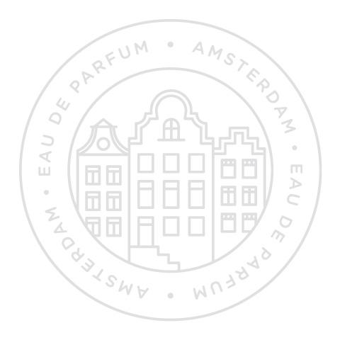 A circular logo featuring illustrations of three Amsterdam townhouses, with the text "Amsterdam by Gallivant - Gallivant Perfumes" encircling the images, evokes the essence of a woody ambery fragrance.