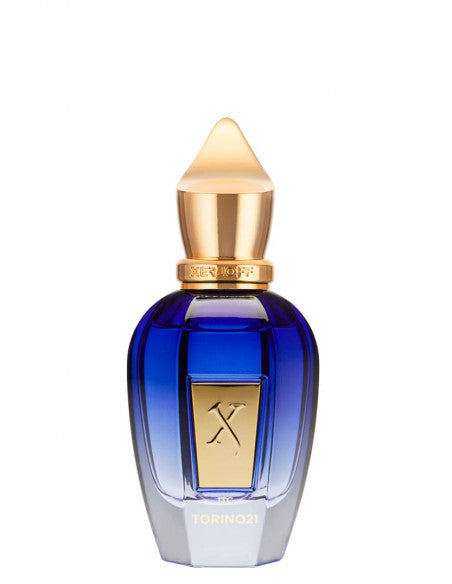 A blue bottle of Xerjoff Torino 21 perfume with a gold cap and a gold label displaying an "X," perfect for the sophisticated attendee of the Nitto ATP Tennis Finals.