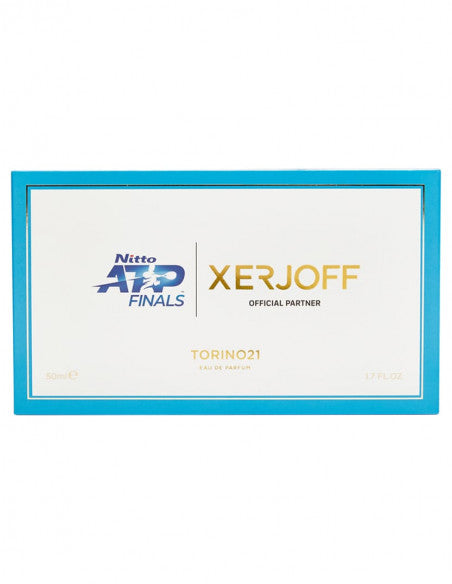 A white box with a blue border displays the logos and text: "Nitto ATP Tennis Finals" and "Xerjoff Official Partner." It also showcases "Torino 21," "50ml," and "FL. OZ 1.7," highlighting their exclusive collaboration with the unique Xerjoff Torino 21 perfume.