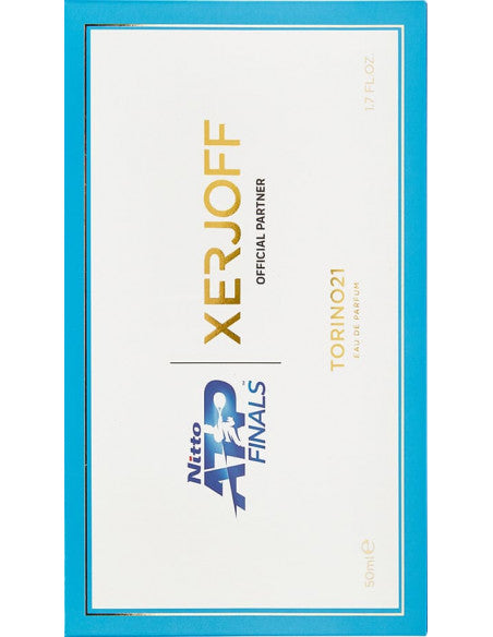 A blue-bordered box features "Xerjoff," "Torino 21," and prominently highlights its status as the Nitto ATP Tennis Finals Official Partner.