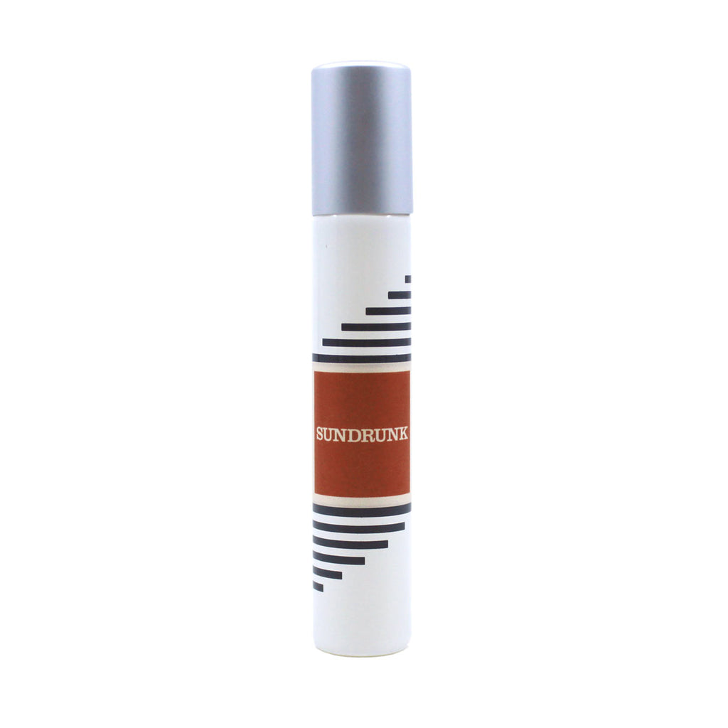 A cylindrical bottle with a white body, silver cap, and a geometric black design, labeled "Sundrunk" on an orange rectangle from Imaginary Authors, emits hints of rhubarb.