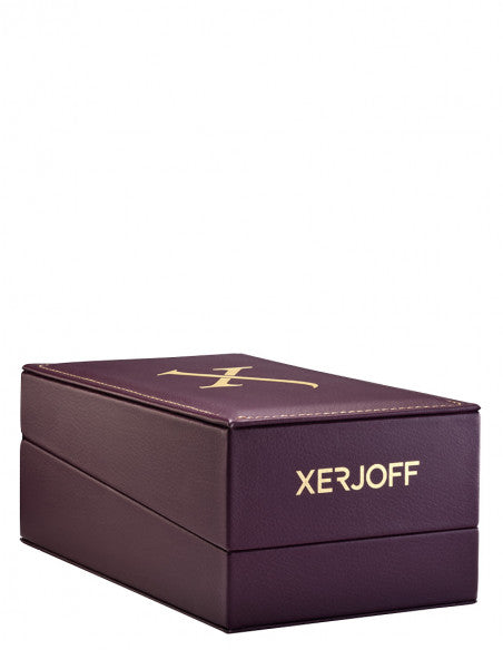 A purple box adorned with gold lettering showcasing the "Xerjoff" brand, featuring a logo on the top and subtly alluding to the exquisite Uden Overdose fougere fragrance within.