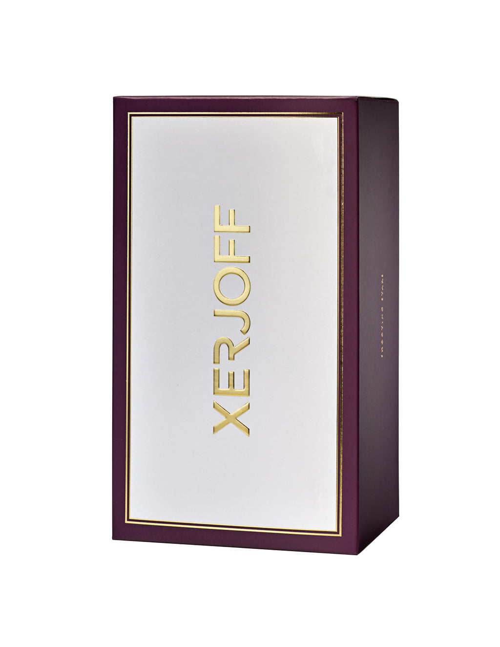 A rectangular box with purple sides and a white front bearing the gold text "Xerjoff," reminiscent of a modern perfume with hints of tropical citrus, Uden.